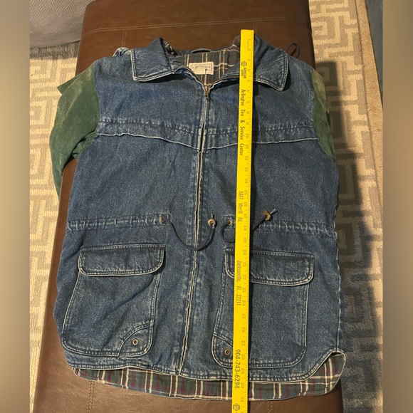 Vintage Arizona 90s Jean Jacket Flannel Lined Suede Leather Sleeves chore Coat L - Picture 10 of 15